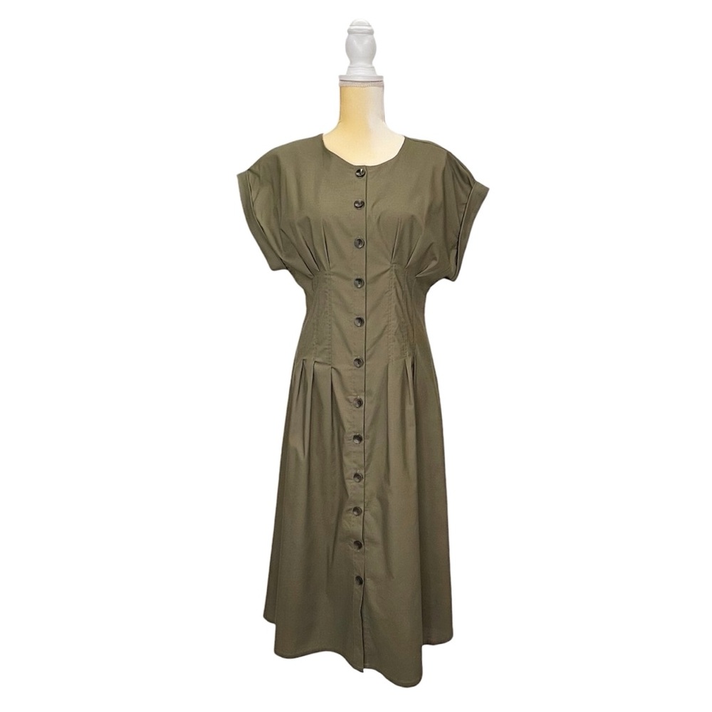 Olive Green Button-Front Midi Dress